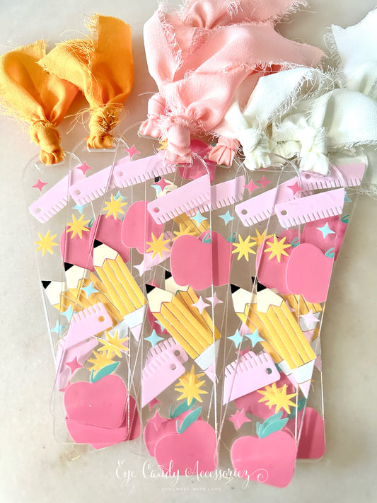 Pastel School Supplies Bookmark with Chiffon Ribbon