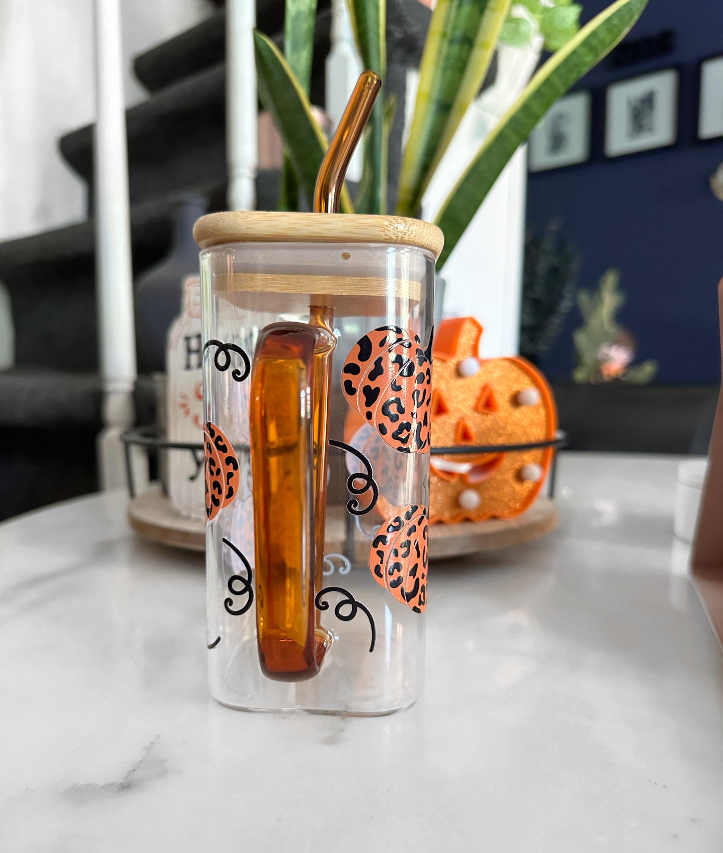Leopard Pumpkins Square Glass Can w/Handle and Straw - 17oz