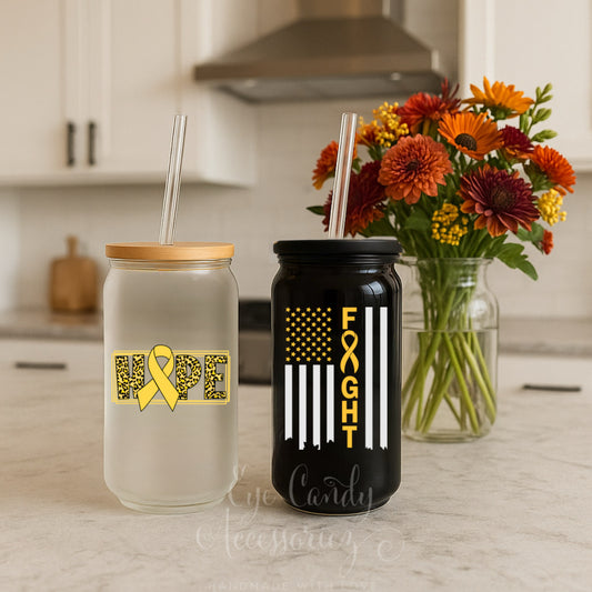 Fight & Tackle Childhood Cancer Awareness 16oz Glass Can | Frosted | Clear | Plastic Acrylic