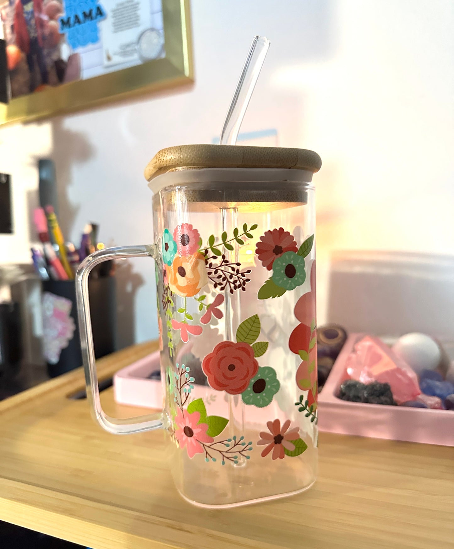 Kitty Square Glass Can w/Handle and Straw - 17oz