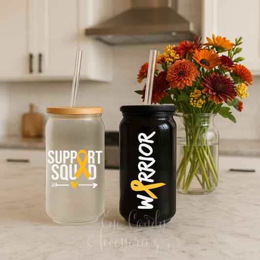 Support & Childhood Cancer Awareness 16oz Glass Can | Frosted | Clear | Plastic Acrylic