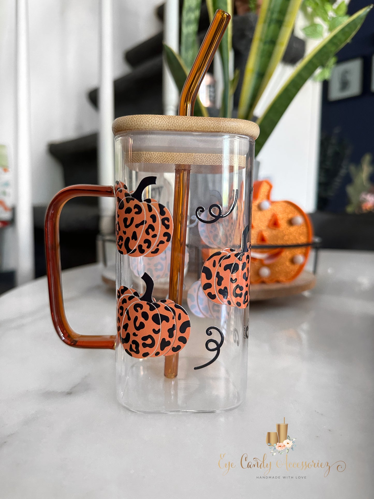 Leopard Pumpkins Square Glass Can w/Handle and Straw  - 17oz