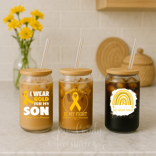 I Wear Gold For My Son | Childhood Cancer Awareness 16oz Glass Can | Frosted | Clear