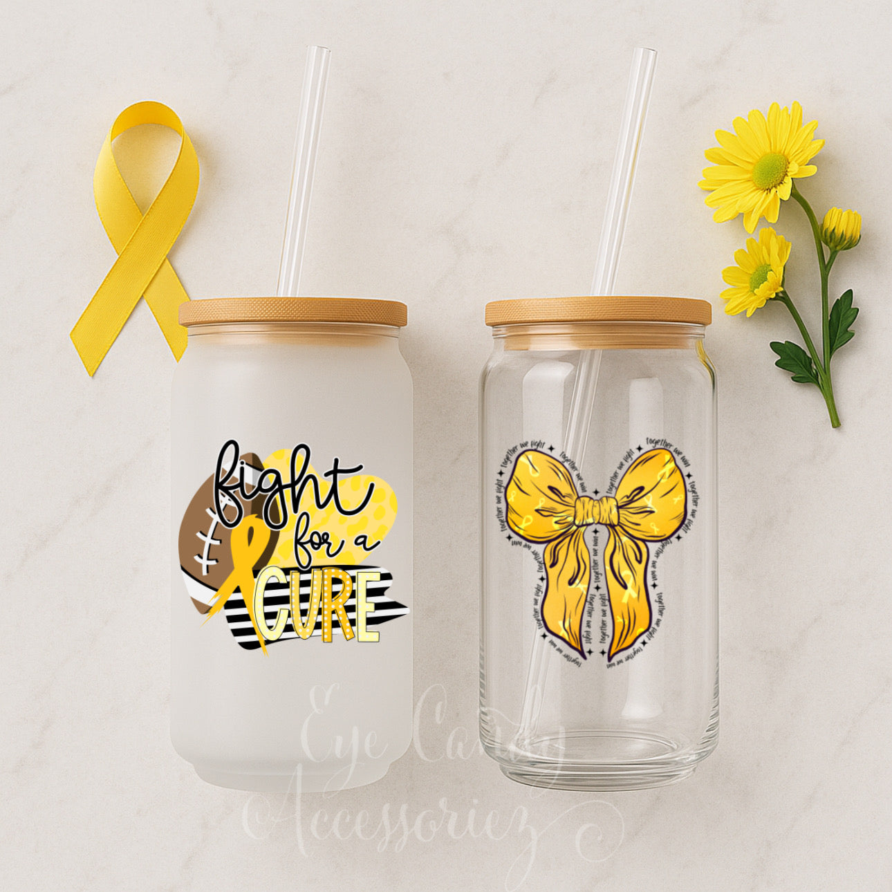 Fight & Tackle Childhood Cancer Awareness 16oz Glass Can | Frosted | Clear | Plastic Acrylic