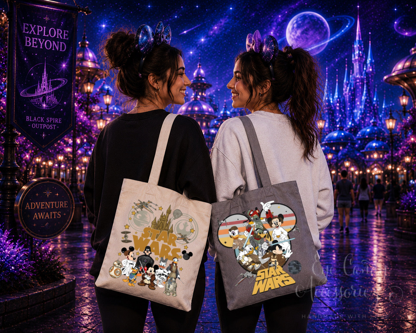 Cartoon Galaxy Reusable Tote Bag | Magical Canvas Tote | Park Day Essentials | Vacation and Travel Accessories | Shopping