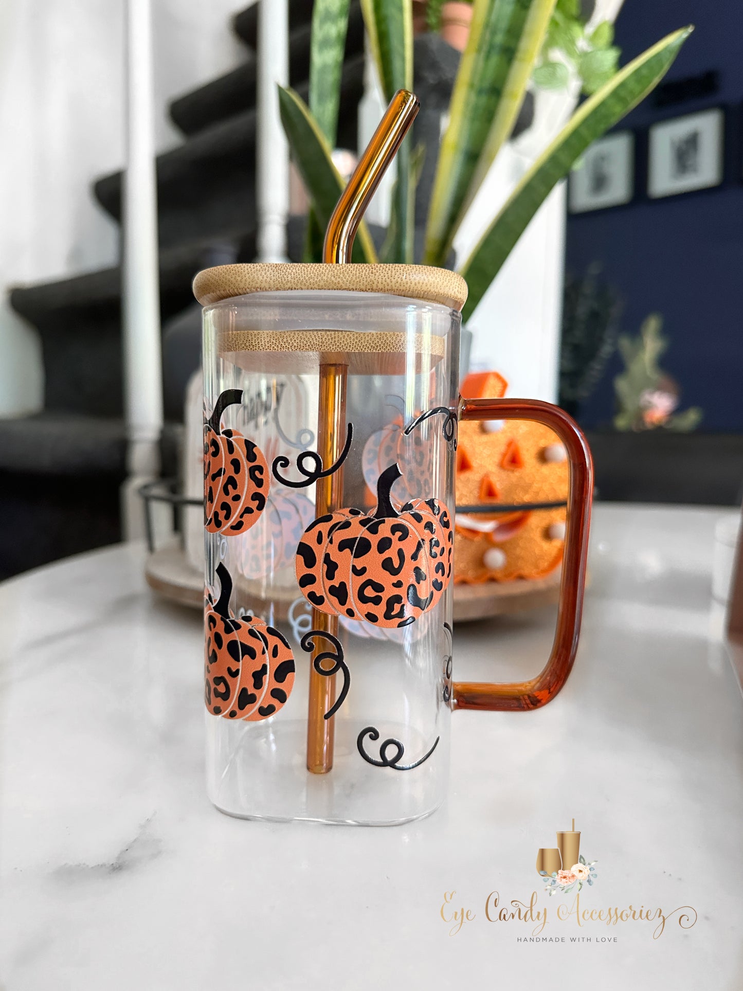 Leopard Pumpkins Square Glass Can w/Handle and Straw  - 17oz