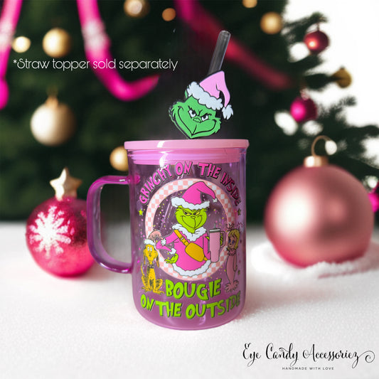 Grinchy & Boujie- 17oz Glass Mug- Pink