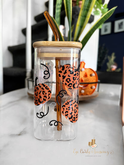 Leopard Pumpkins Square Glass Can w/Handle and Straw  - 17oz