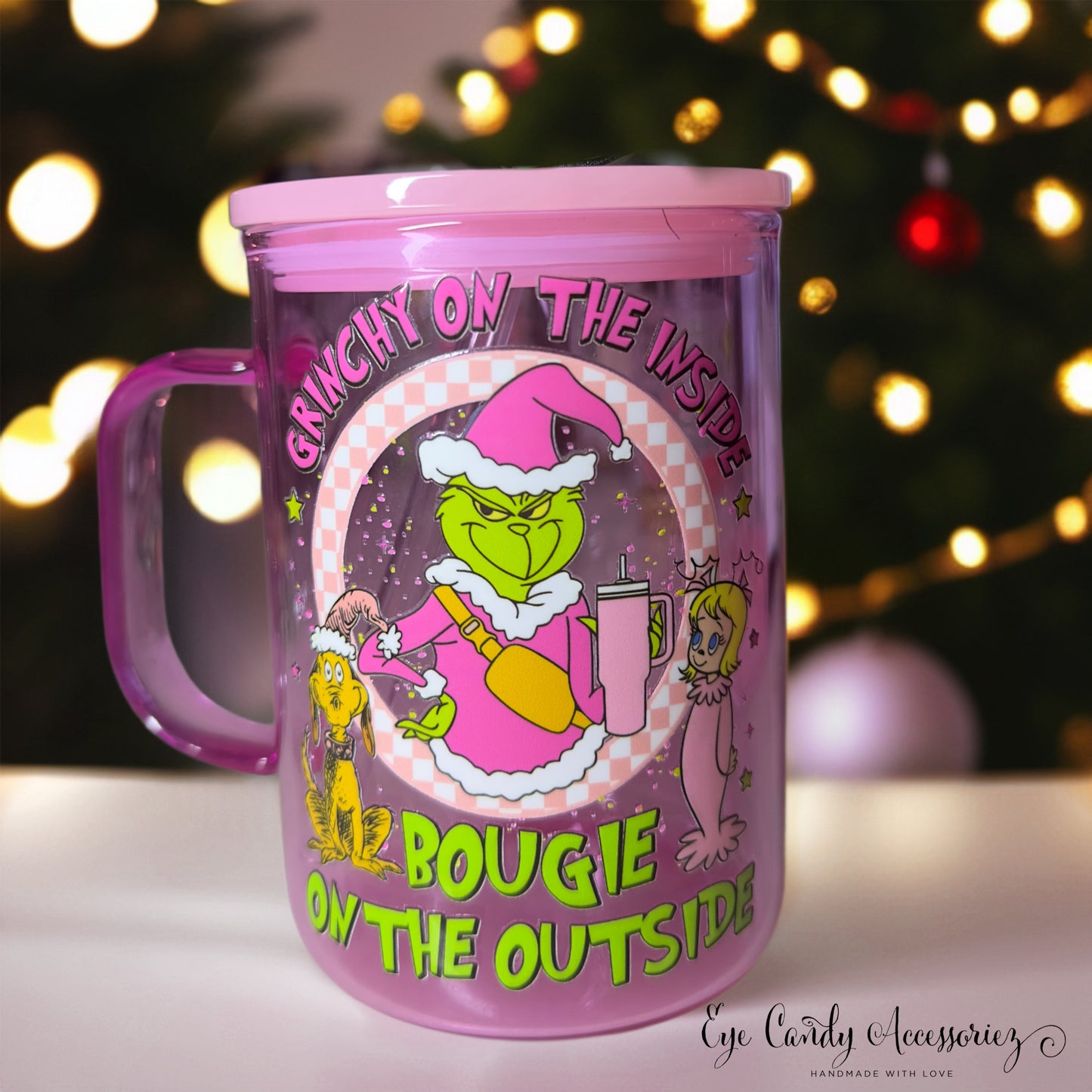 Grinchy & Boujie- 17oz Glass Mug- Pink
