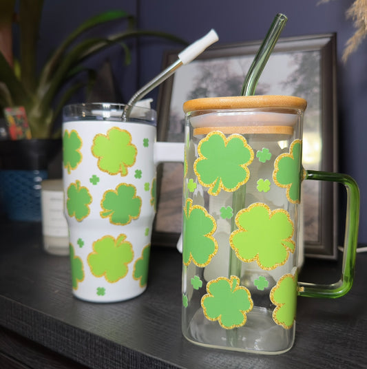 Lucky Clover- Square Glass Can and Kids Grippy Tumbler