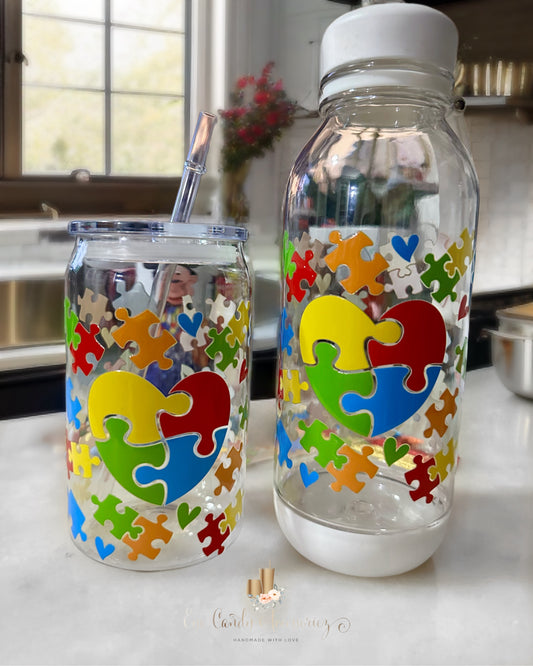 Autism Love- 16oz Acrylic-Glass Can| 24oz Plastic Water Bottle