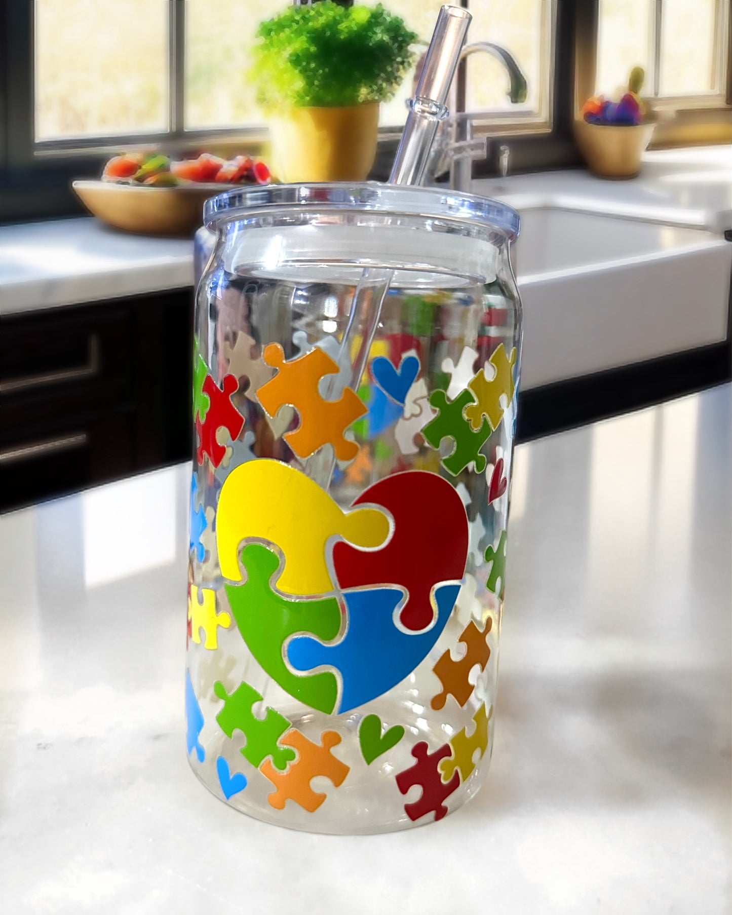 Autism Love- 16oz Acrylic-Glass Can| 24oz Plastic Water Bottle