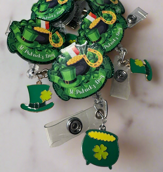 St Patrick's Day Retractable Acrylic ID Badge Reels with Charms- RTS