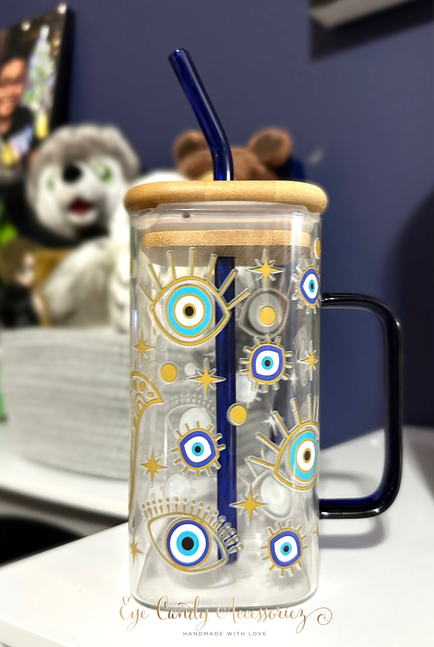 Evil Eye Square Glass Can w/Handle and Straw  - 17oz