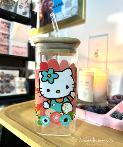 Kitty Square Glass Can w/Handle and Straw  - 17oz