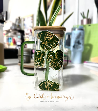 Monstera Leaf Square Glass Can w/Handle and Straw  - 17oz