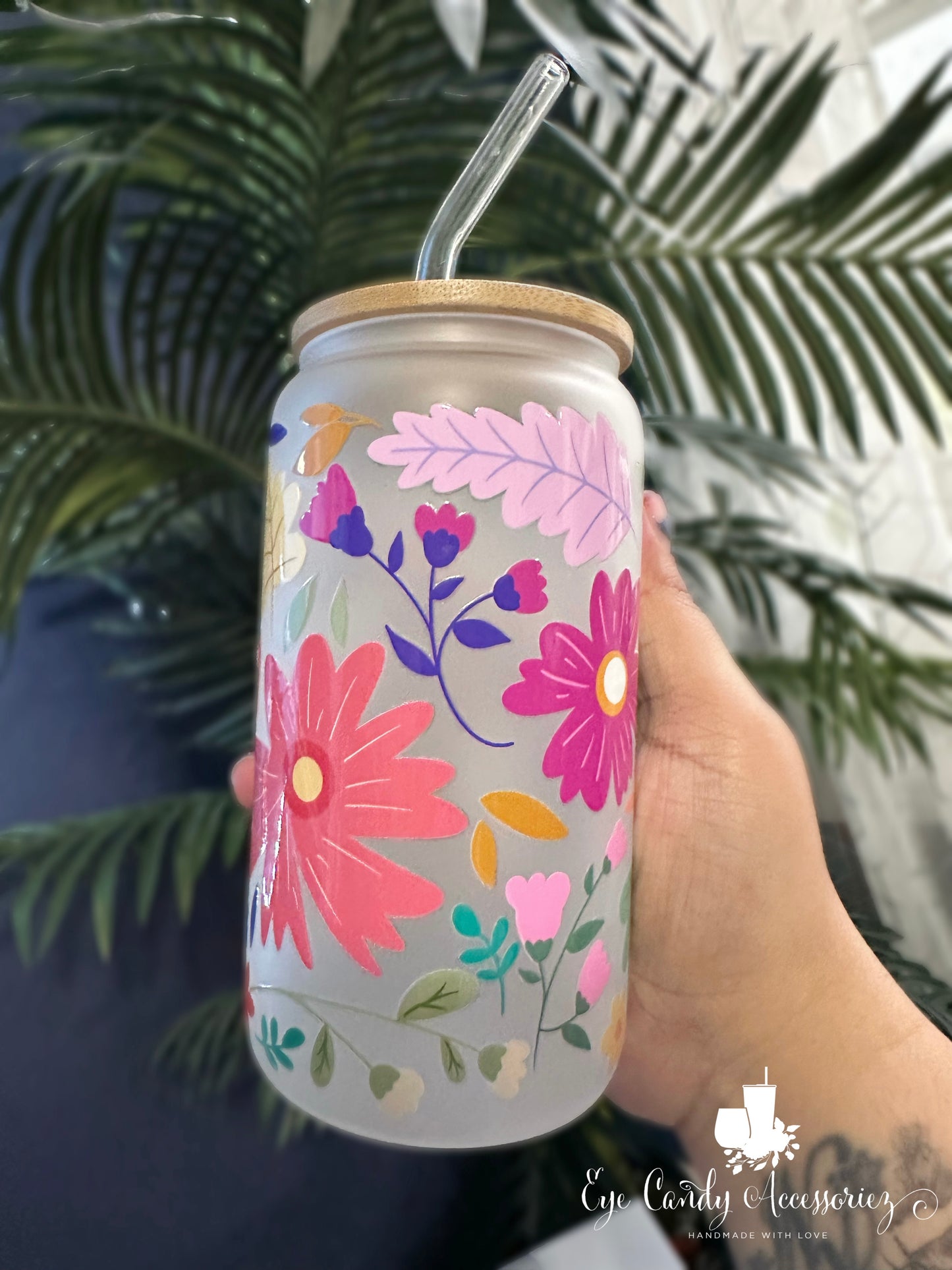 Lata de vidrio de 16 oz de flores de primavera