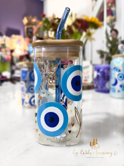 Evil Eye 2 Square Glass Can w/Handle and Straw  - 17oz