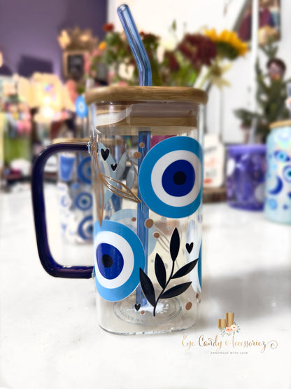 Evil Eye 2 Square Glass Can w/Handle and Straw  - 17oz