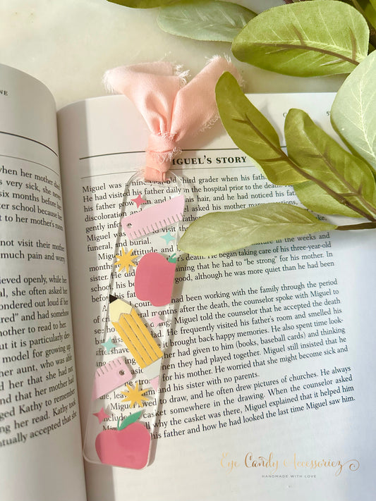 Pastel School Supplies Bookmark with Chiffon Ribbon