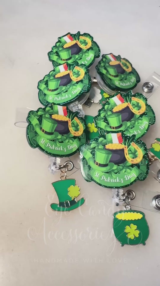 St Patrick's Day Retractable Acrylic ID Badge Reels with Charms- RTS
