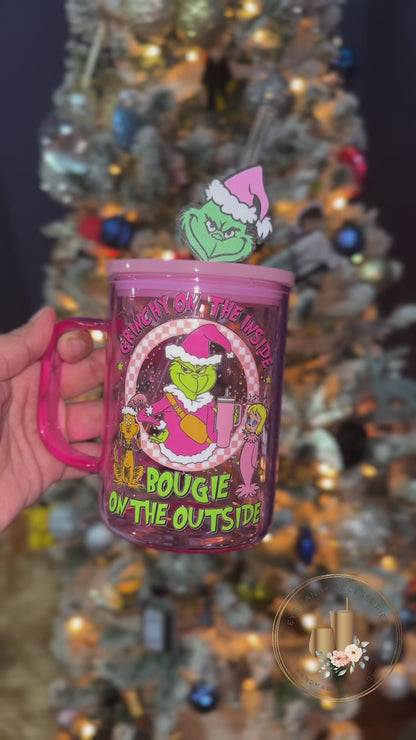 Grinchy & Boujie- 17oz Glass Mug- Pink