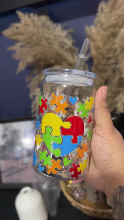 Autism Love- 16oz Acrylic-Glass Can| 24oz Plastic Water Bottle