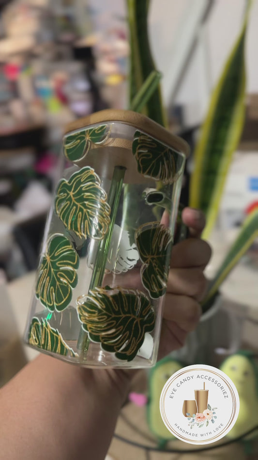 Lata de vidrio cuadrada Monstera Leaf con asa y pajita - 17 oz